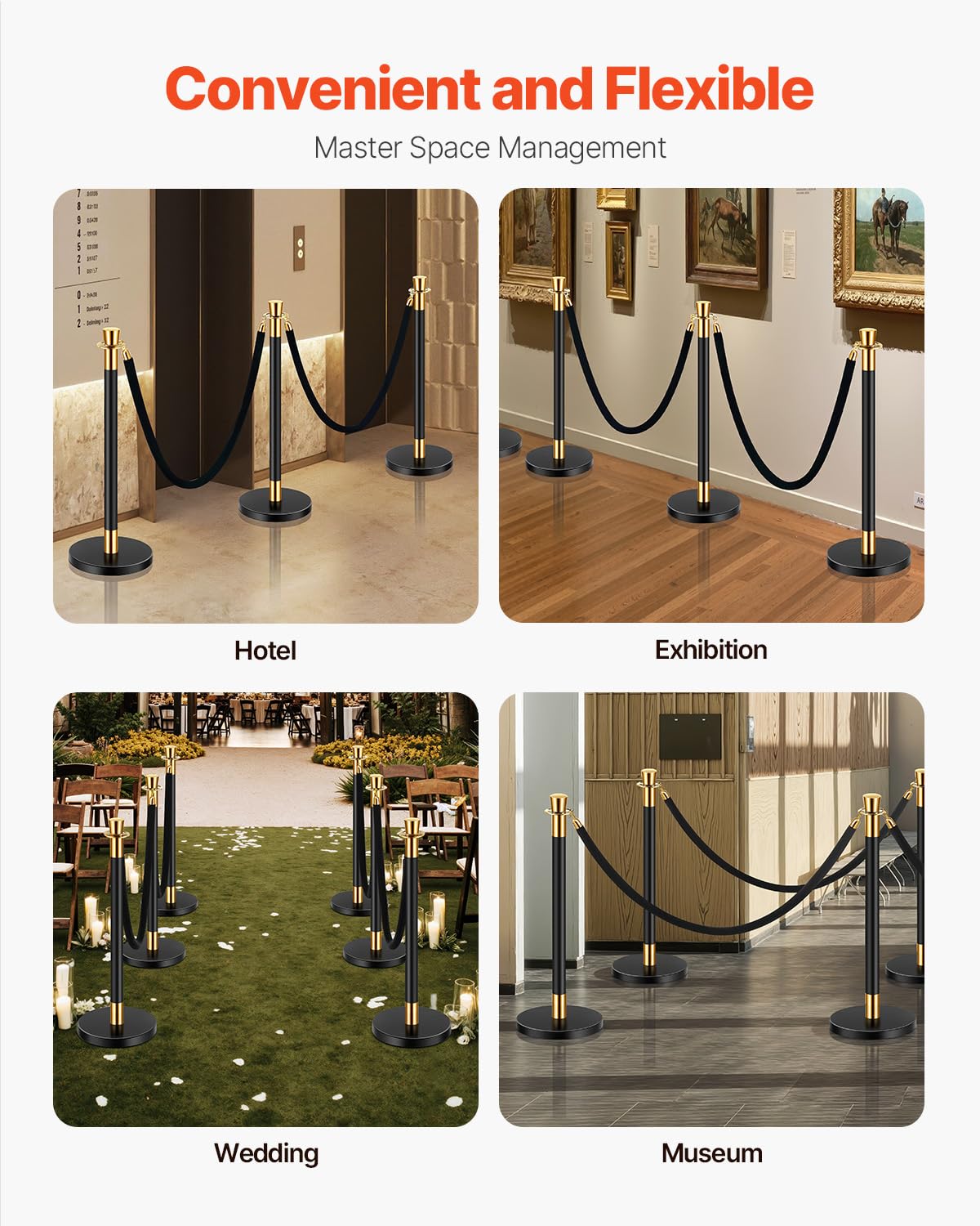 VEVOR Stanchions and Velvet Ropes, 6 Pcs Crowd Control Barriers with 4 Black Velvet Ropes, Stainless Steel Stanchion Post Queue with Sand Injection Hollow Base for Theater, Wedding, Party Supplies
