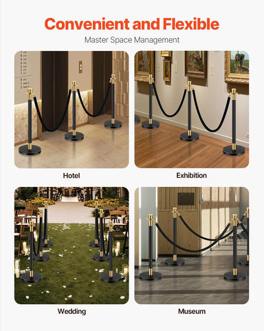 VEVOR Stanchions and Velvet Ropes, 6 Pcs Crowd Control Barriers with 4 Black Velvet Ropes, Stainless Steel Stanchion Post Queue with Sand Injection Hollow Base for Theater, Wedding, Party Supplies