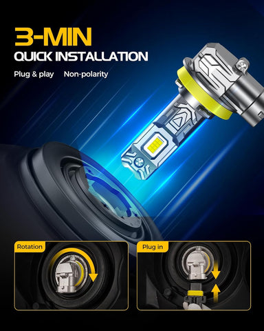 H11 Light Bulbs, 8X Ultra Brightness 60,000LM H8 H9 H16 Lights, 6500K Cool White Bulbs, Real 1:1 Mini Size Plug and Play, IP68 Waterproof, Pack of 2
