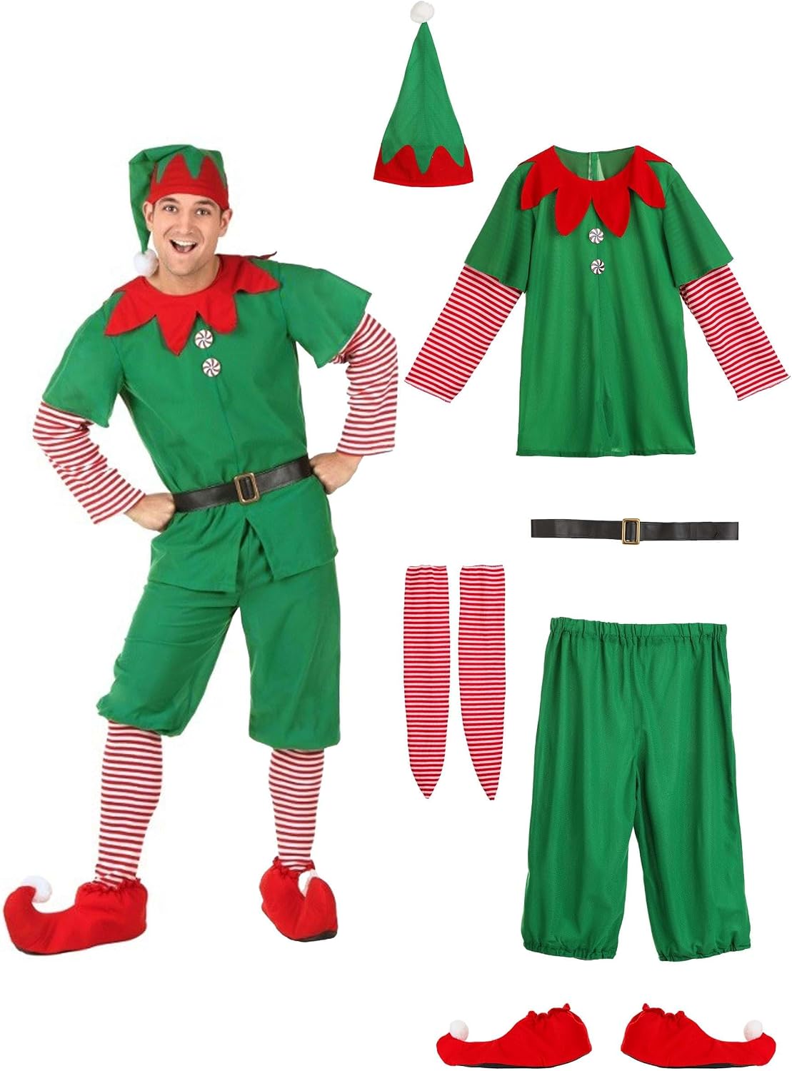 Adult Santas Elf Costume - Includes Shirt, Pants, Hat, Belt, Stockings & Booties - Christmas Holiday Outfit