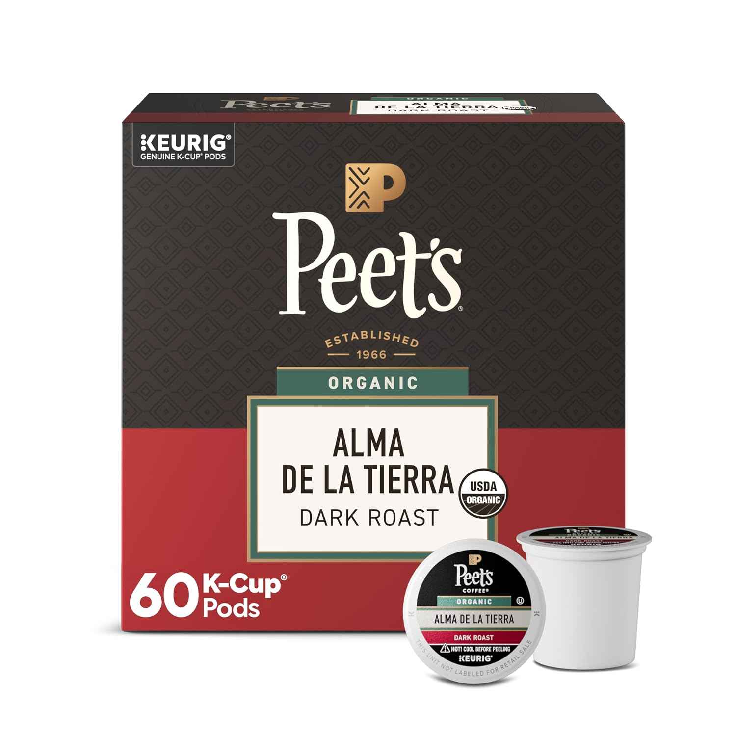 Peet's Coffee, USDA Organic Dark Roast Keurig K-Cup Pods, 100% Arabica Coffee - Alma de la Tierra 60 Count (6 Boxes of 10 Pods)