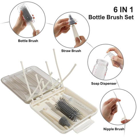 6 in 1 Baby Bottle Brush Set,Bottle Cleaner Brush Kit with Silicone Bottle Brush,Drying Rack,Nipple Brush,Straw Brush,Soap Dispenser&Storage Box,Portable Baby Essentials for Home&Travel