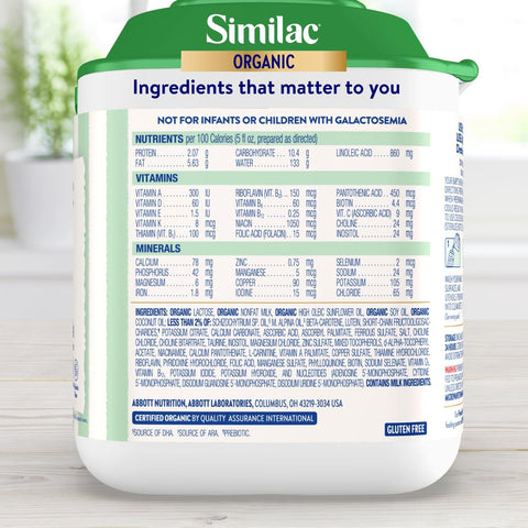 Similac Organic Infant Formula, Easy to Digest, USDA-Certified Organic, Powder, 20.6-oz Tub