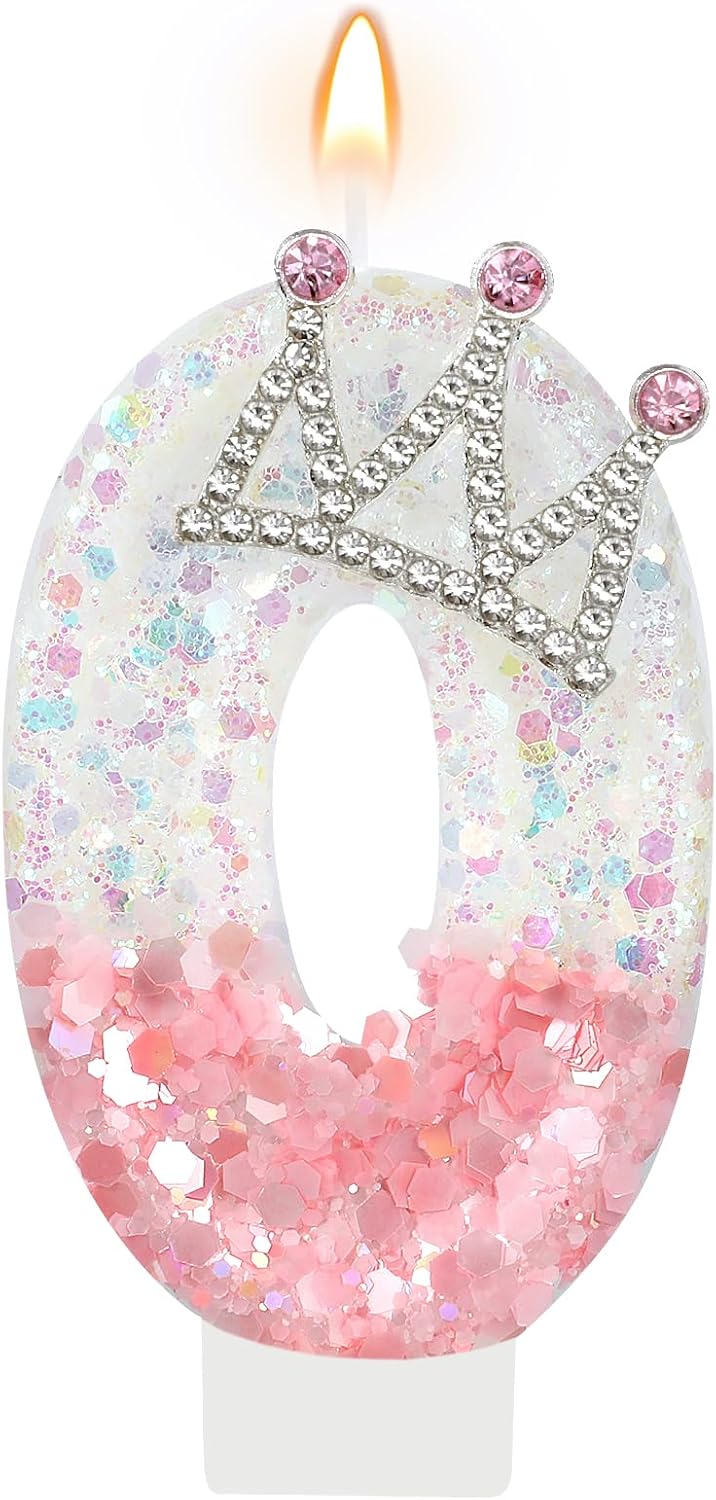 AKURIEEY Princess Crown Number 0 Birthday Candle Pink and White Cake Topper Cupcake Decorations Princess Themed Party Decor Favors Anniversary Celebrations Supplies