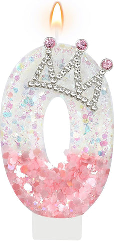 AKURIEEY Princess Crown Number 0 Birthday Candle Pink and White Cake Topper Cupcake Decorations Princess Themed Party Decor Favors Anniversary Celebrations Supplies