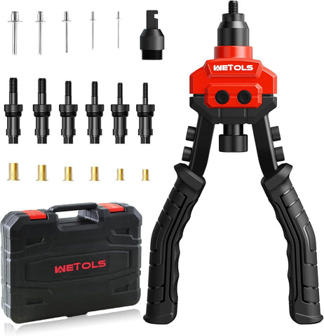 WETOLS 3 in 1 Rivet Gun with 5 Rivet Heads, Rivet Nut Tool Kit, Reamer Set