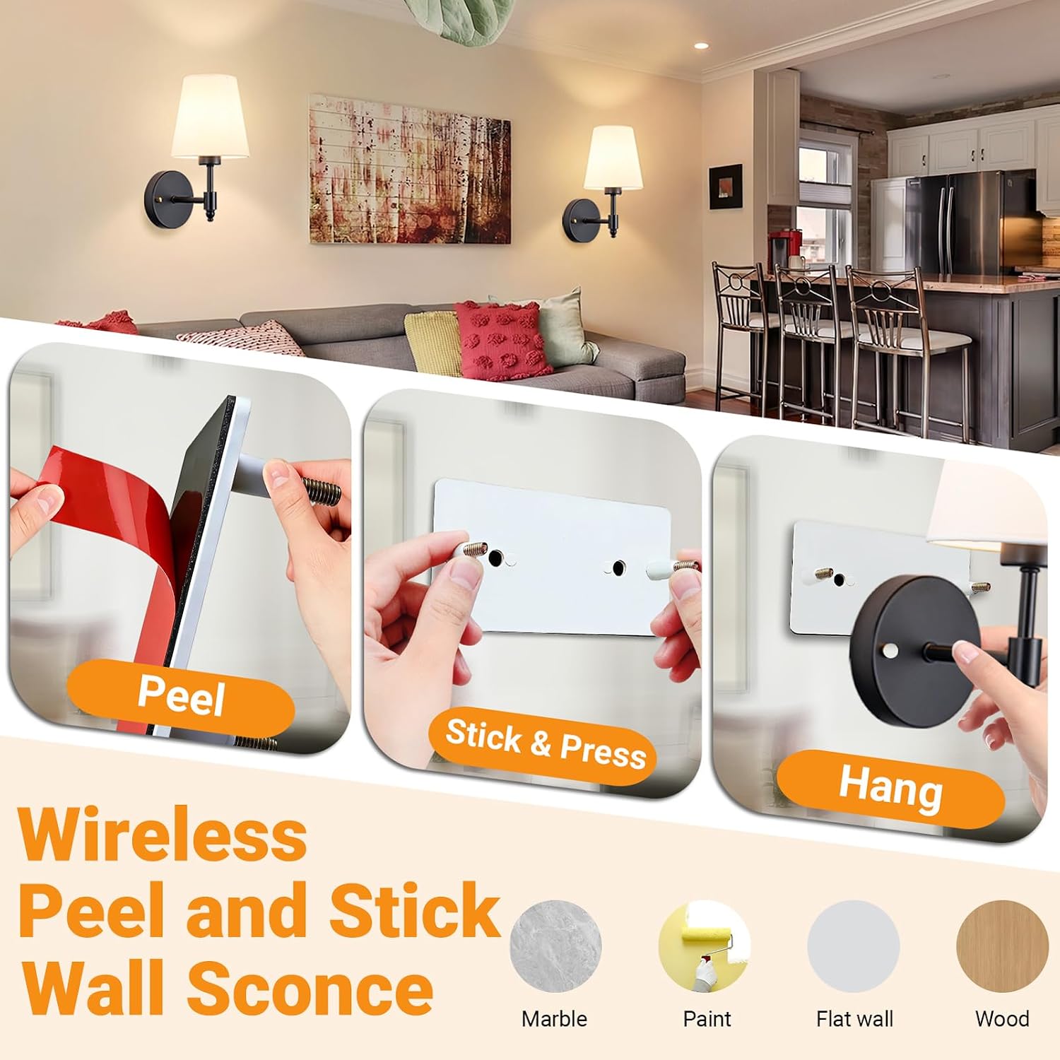 Nekhung Battery Operated Wall Sconce, Peel and Stick Sconces Set of 2