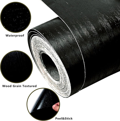 DESOMINOR 27FT Black Border Peel and Stick Black Wood Grain Wallpaper Border Removable Waterproof Bathroom Mirror Frame Sticker (Black,2Inch x 27Ft)