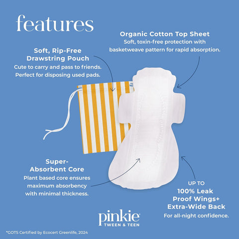 Pinkie Overnight Pads for Tweens & Teens, Organic Cotton Topsheet, 16 Ct