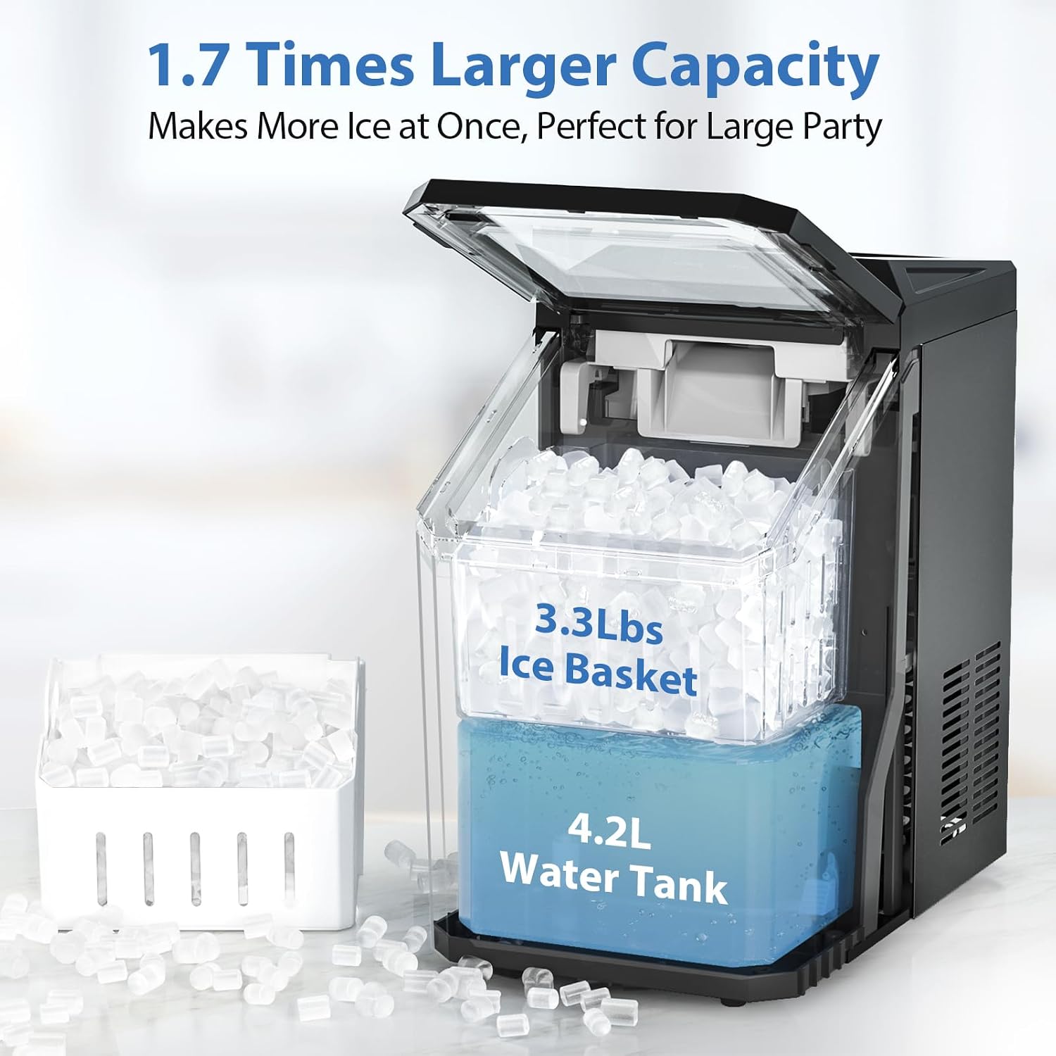 Aeitto Nugget Ice Maker, 55lbs/Day, Rapid Ice Release in 5 Mins, Large Capacity Chewable Ice Maker, Self-Cleaning with Stainless Steel Housing Ice Machine, Black