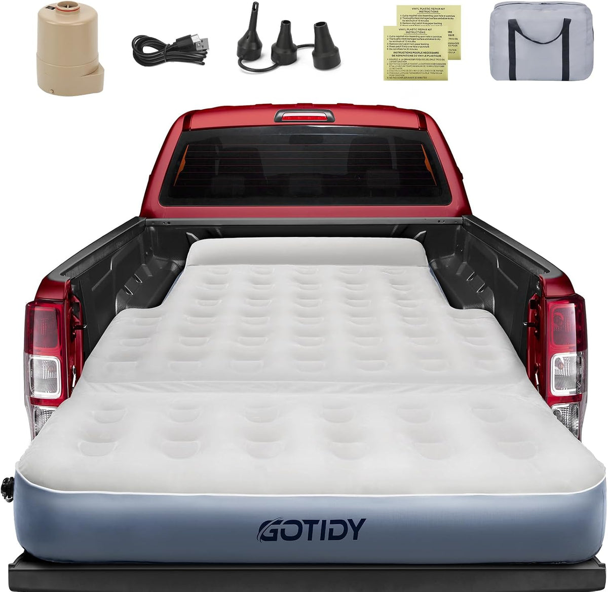 Short Truck Bed Air Mattress 5-5.5ft for Mid-Size Pickup with Tailgate Extension, Truck Bed Mattress for Tacoma Jeep Gladiator JT,Wired Air Pump, Oversized Carry Bag, Integrated Pillow