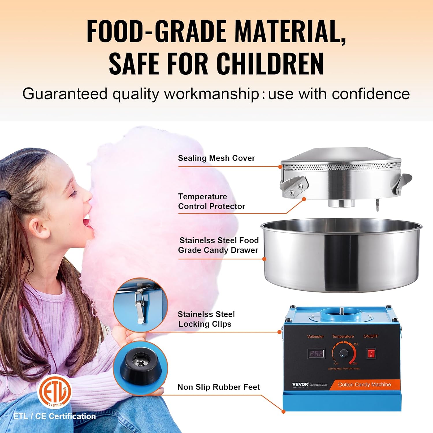 VEVOR Cotton Candy Machine Commercial, 1000W Electric Floss Maker with Stainless Steel Bowl, Sugar Scoop, Storage Drawer, Perfect for Home, Carnival, Kids Birthday, Family Party, Blue