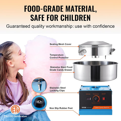 VEVOR Cotton Candy Machine Commercial, 1000W Electric Floss Maker with Stainless Steel Bowl, Sugar Scoop, Storage Drawer, Perfect for Home, Carnival, Kids Birthday, Family Party, Blue