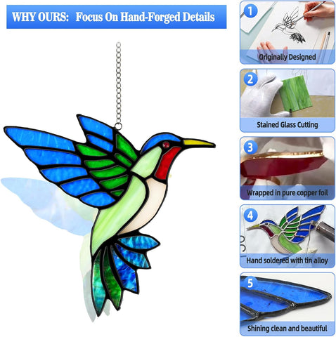 2 Pcs Hummingbird Stained Glass Window Hanging Suncatchers,Gifts for Women