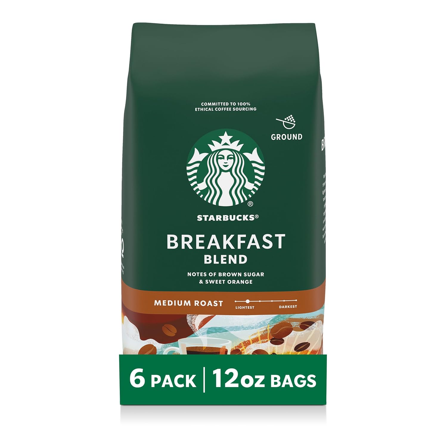 Starbucks Ground Coffee, Medium Roast Hot or Iced Coffee, Breakfast Blend, Six 12 oz Bags​ | 100% Arabica ground coffee; Medium Roast Breakfast Blend; 6 bags, 12 oz each (72 oz total)