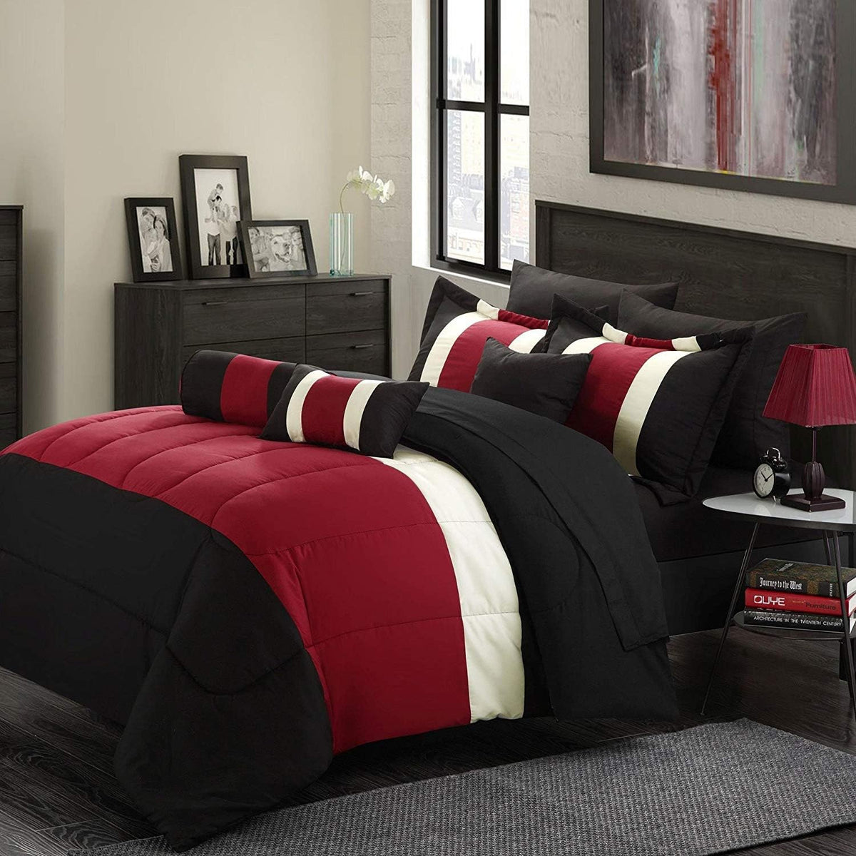 Empire Home 8-Piece Oversized Red & Black Comforter Set Bedding with Sheet Set (Queen Size)