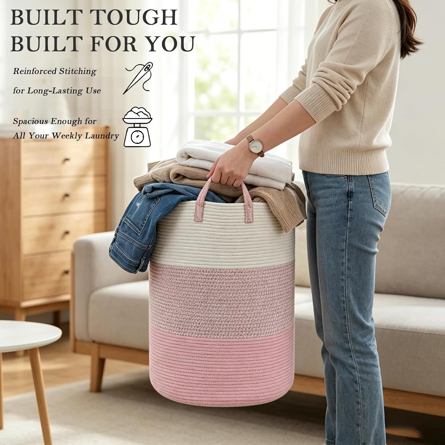 Large Laundry Basket, Cotton Rope Nursery Hamper with Handles-Pink