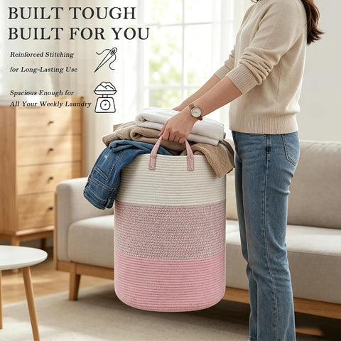 Large Laundry Basket, Cotton Rope Nursery Hamper with Handles-Pink