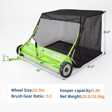 Garvee 48 in Tow-Behind Lawn Sweeper, High Hopper, Green