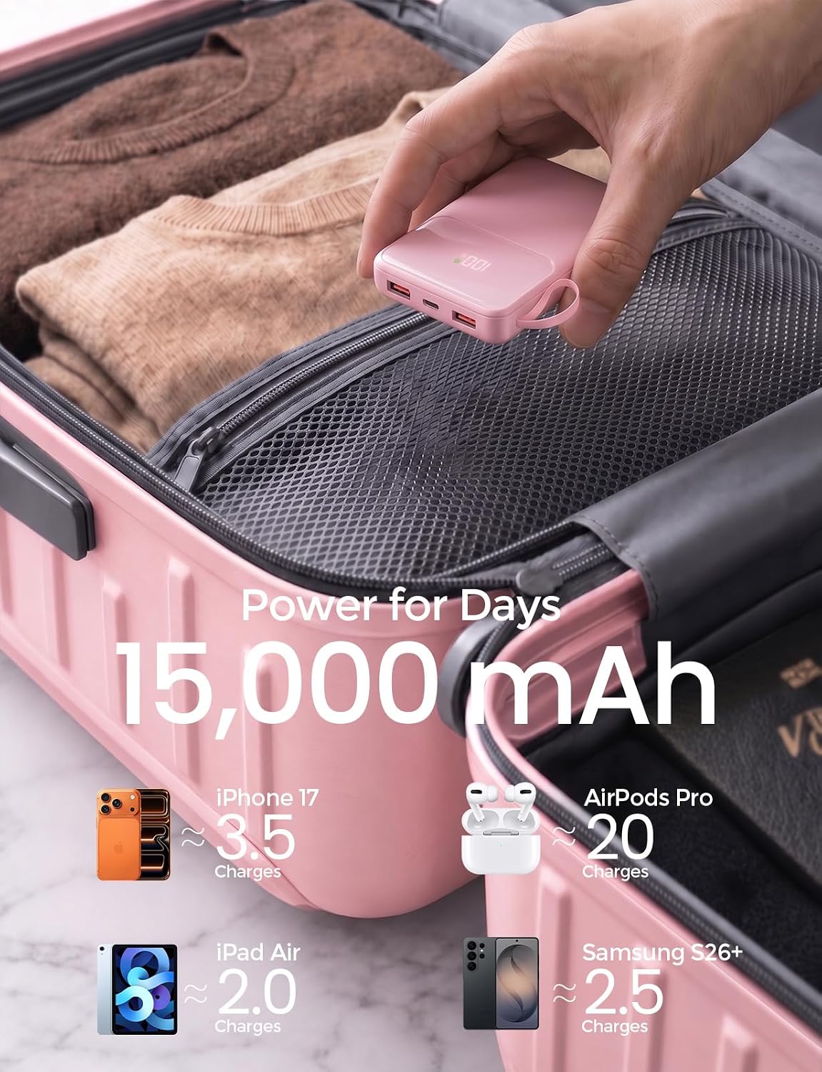 15000mAh Portable Power Bank, 22.5W PD Fast Charger with Digital LCD Screen
