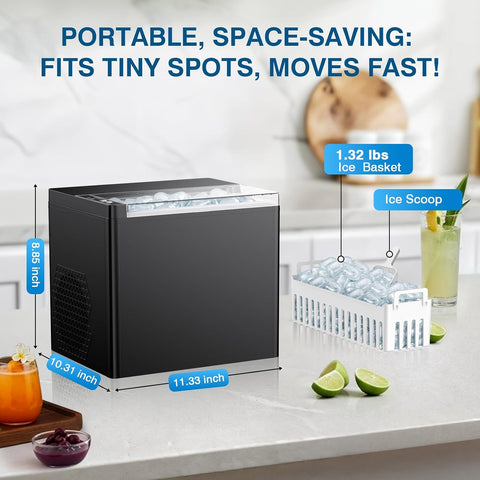 Countertop Ice Makers Machine, Portable Ice Machine Producing 9 Ice Cubes Within 6 Mins, Bullet Ice Available in Two Sizes(S/L), Compact Mini Ice Maker Appliance for Home Kitchen Camping (Somber)