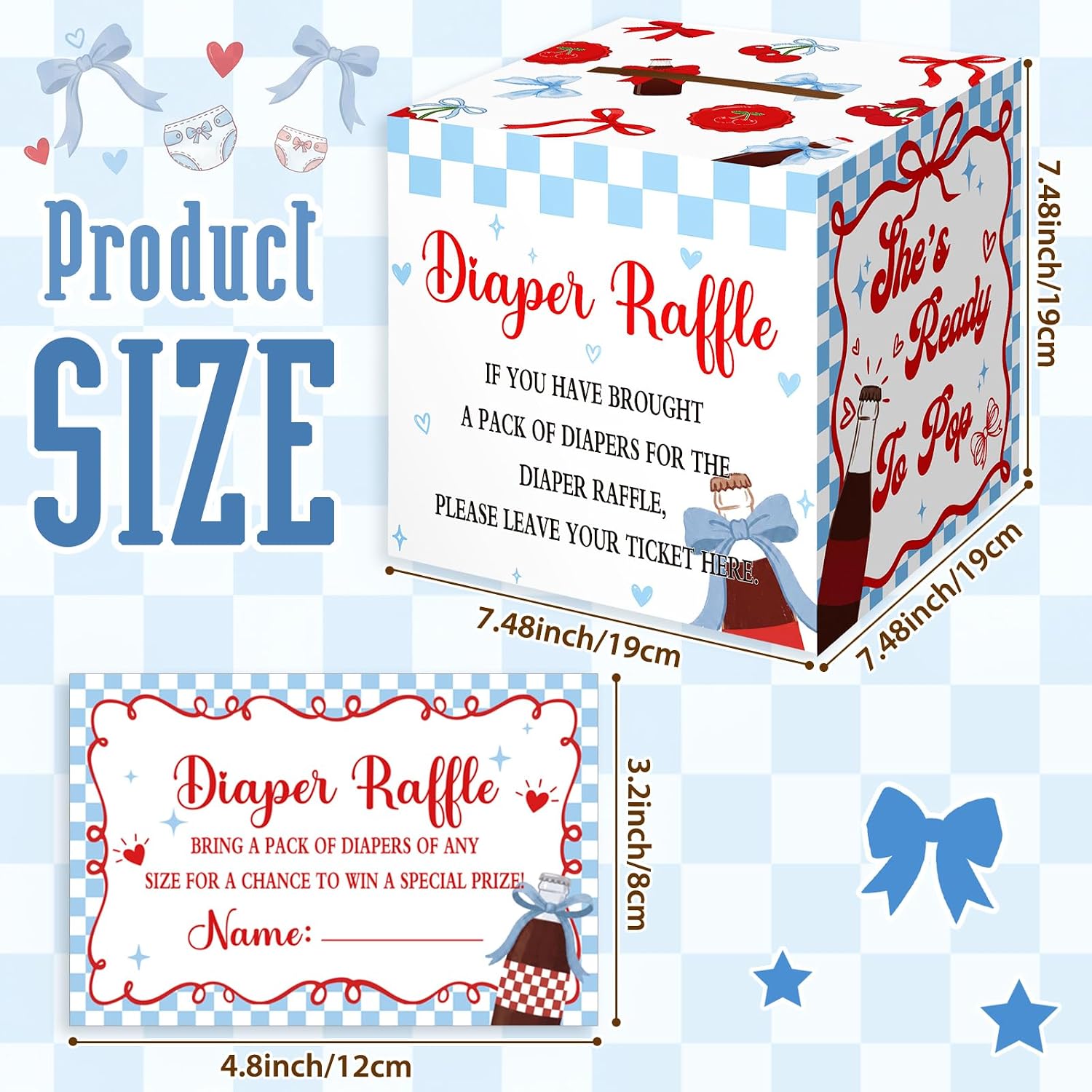 Teling 51 Pieces Diaper Raffle Tickets with Card Box,She's Ready to Pop，blue