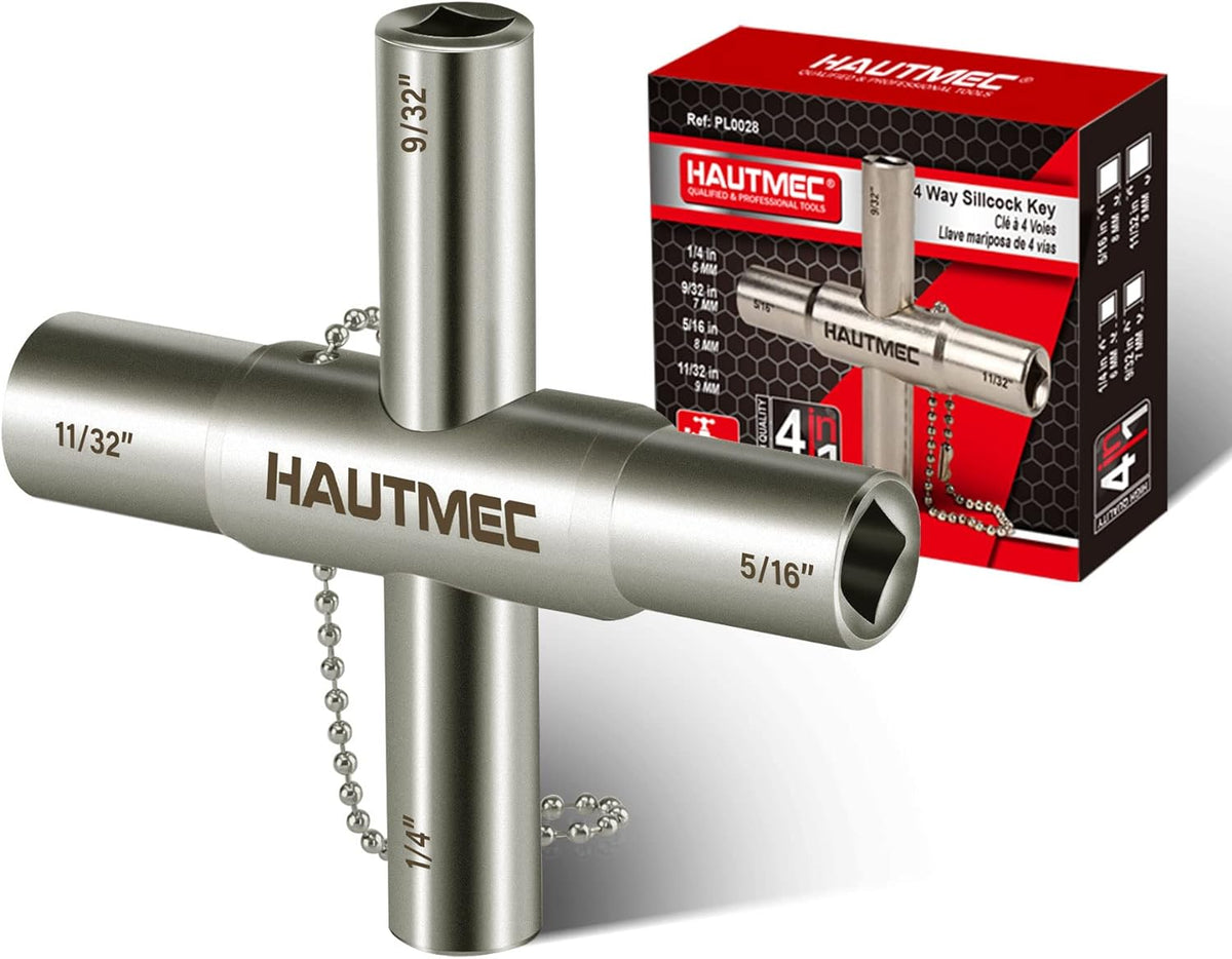 HAUTMEC 4 Way Sillcock Water Key, 1/4", 9/32", 5/16", 11/32" Steel Multi-Function Utility Key for Sillcocks Faucets Valves Spigots PL0028