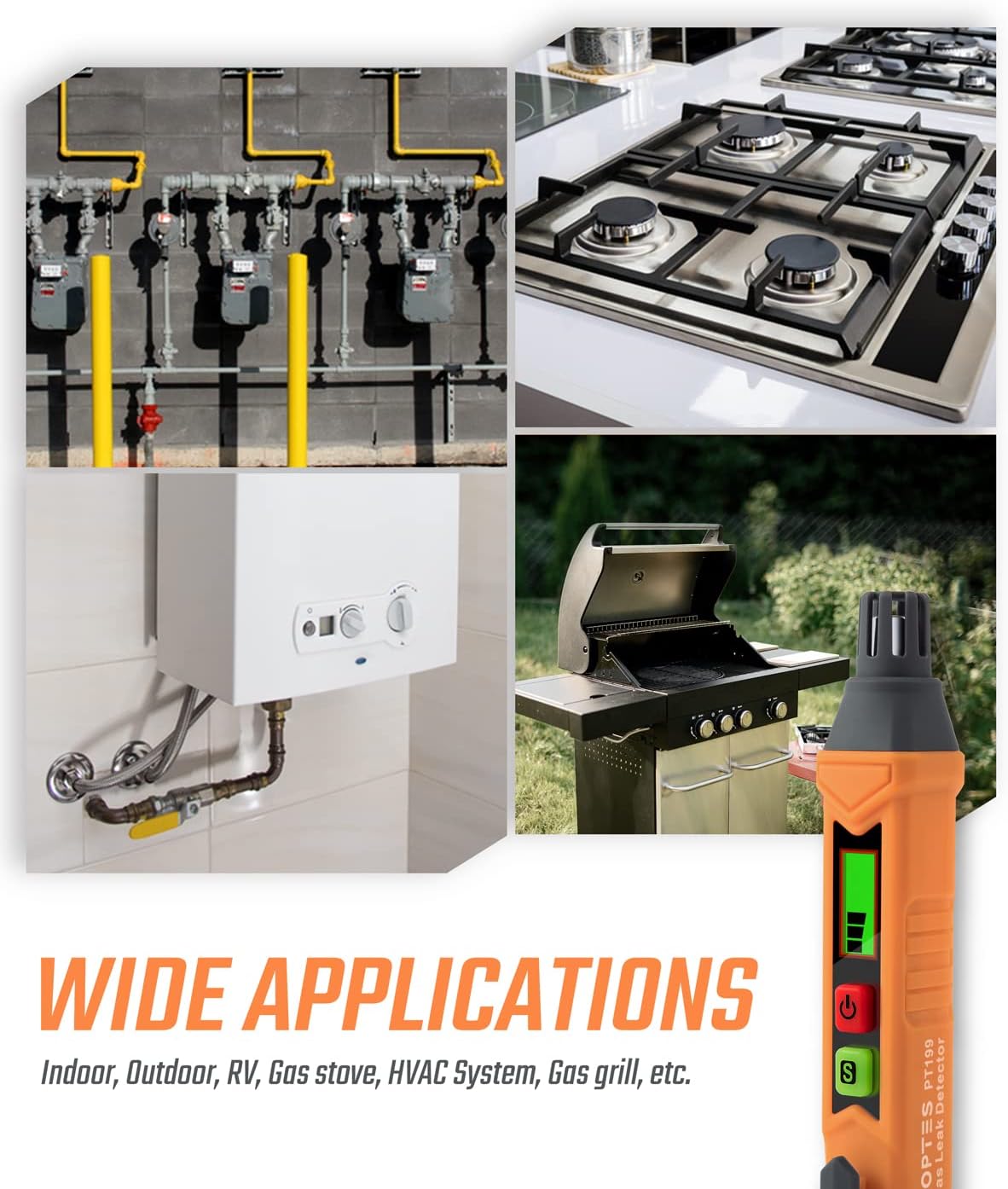 PT199 Natural Gas Leak Detector with Audible & Visual Alarm, Portable Gas Sniffer to Locate Combustible Sources Like Methane, Propane for Home(Includes Battery x2)-Orange