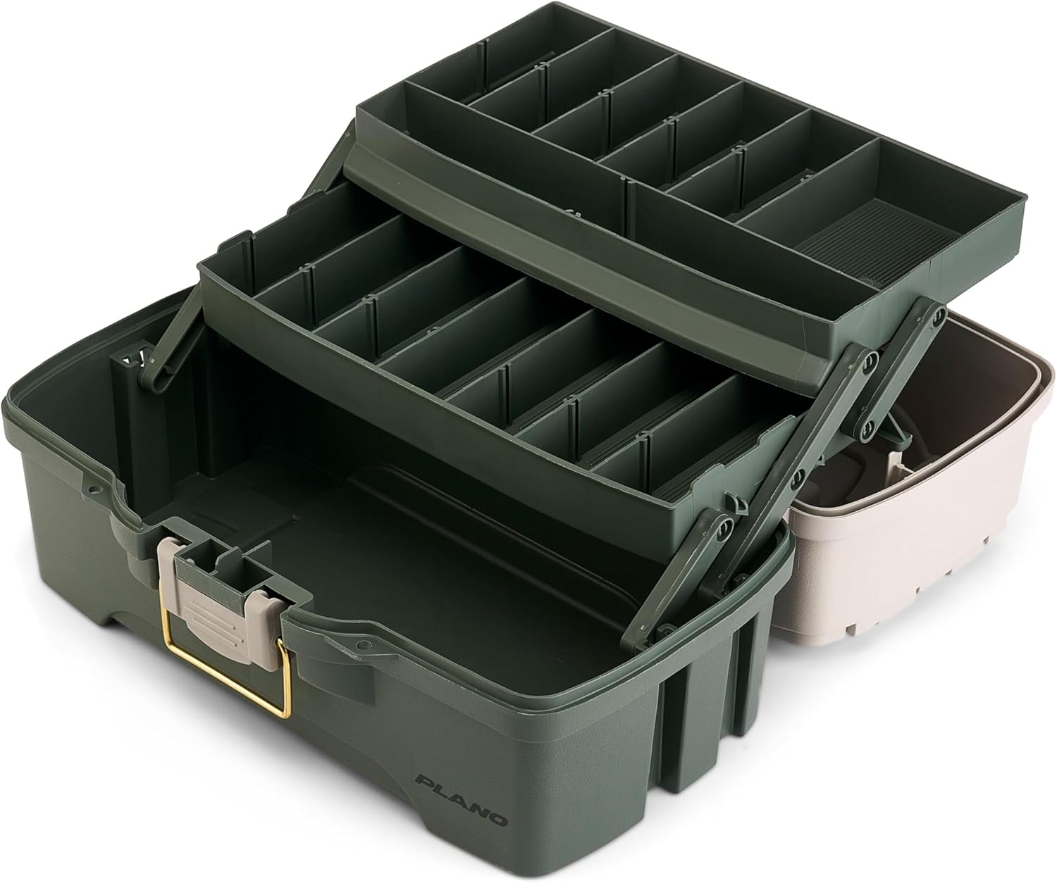 Plano Two-Tray Tackle Box, Green/Tan, Rust-Proof Brass Latch, Top-Access Tray with Deep Storage, Made in the USA, Portable Fishing Gear Storage Organizer