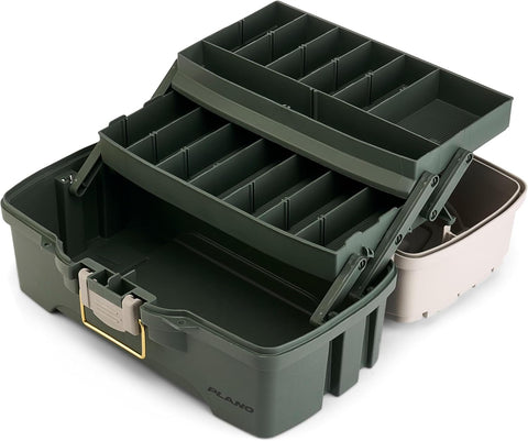 Plano Two-Tray Tackle Box, Green/Tan, Rust-Proof Brass Latch, Top-Access Tray with Deep Storage, Made in the USA, Portable Fishing Gear Storage Organizer