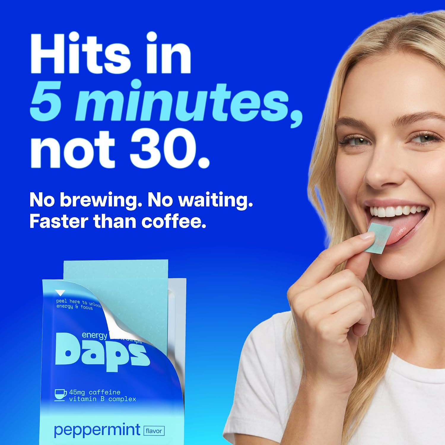 Daps Mint Energy Strips - 45mg Natural Caffeine + B-Vitamins - Fast-Acting Energy Supplement - Works Faster Than Coffee - On-The-Go, Sugar Free - Peppermint, 10 Strips