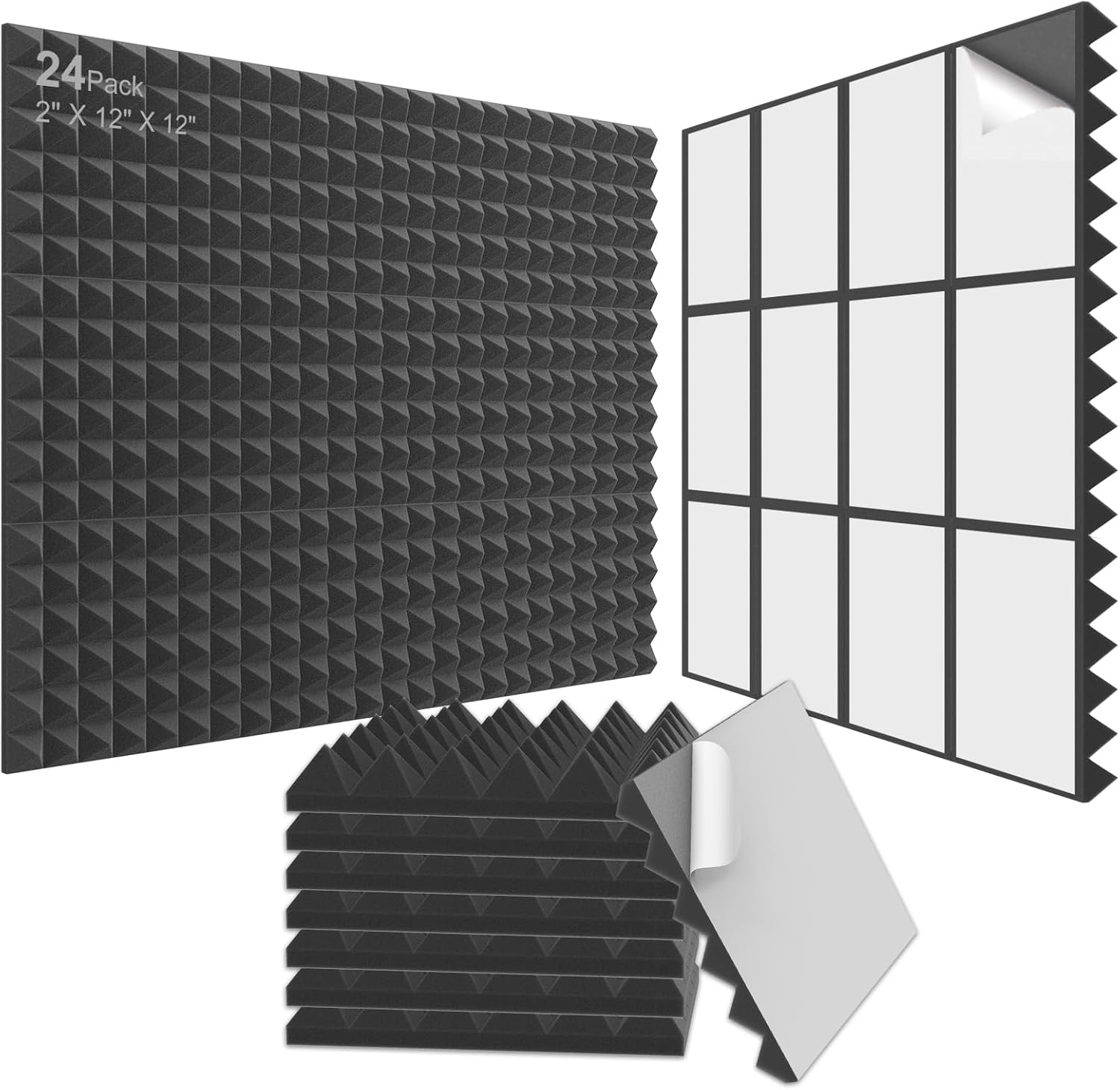 JBER 24 Pack Pyramid Sound Proof Foam Panels, Self-Adhesive Acoustic Foam