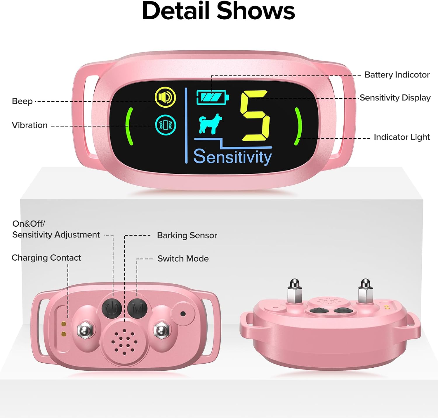 FAFAFROG Dog Bark Collar, Rechargeable Smart Collar, Anti Barking Training Collar with 5 Adjustable Sensitivity Beep Vibration, Bark Collar for Large Medium Small Dogs(Pink)