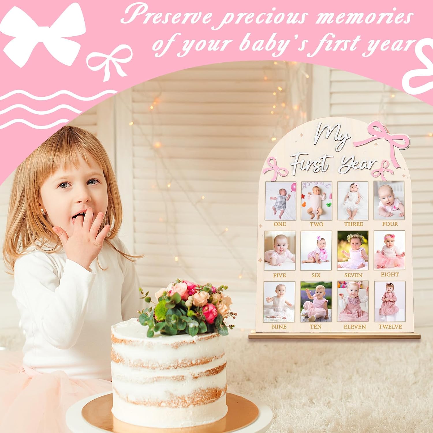 Naozinebi Pink Bow First Year Photo Board Bow Birthday Decor