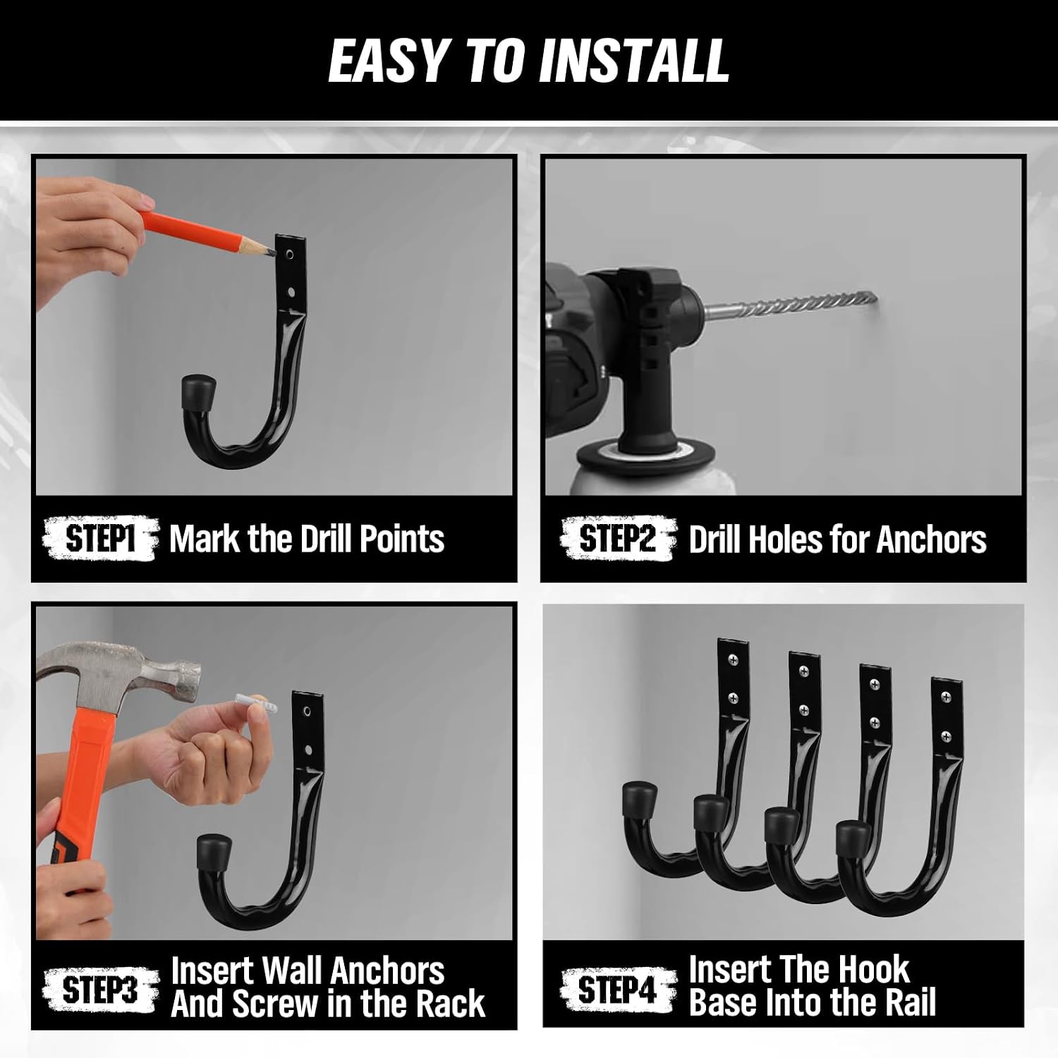 Heavy Duty Garage Storage Hooks, 6-piece Bike Hooks for Garage Wall, Utility Garage Hooks, Wall Mount J Hook for Hanging, Large Metal Storage Organizer Tool, Extension Cord Hanger