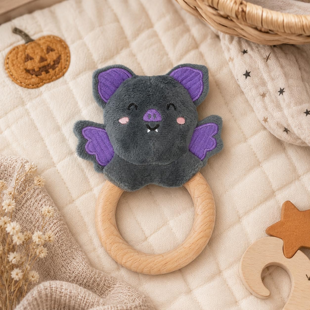 Pearhead Halloween Bat Wooden Baby Teether