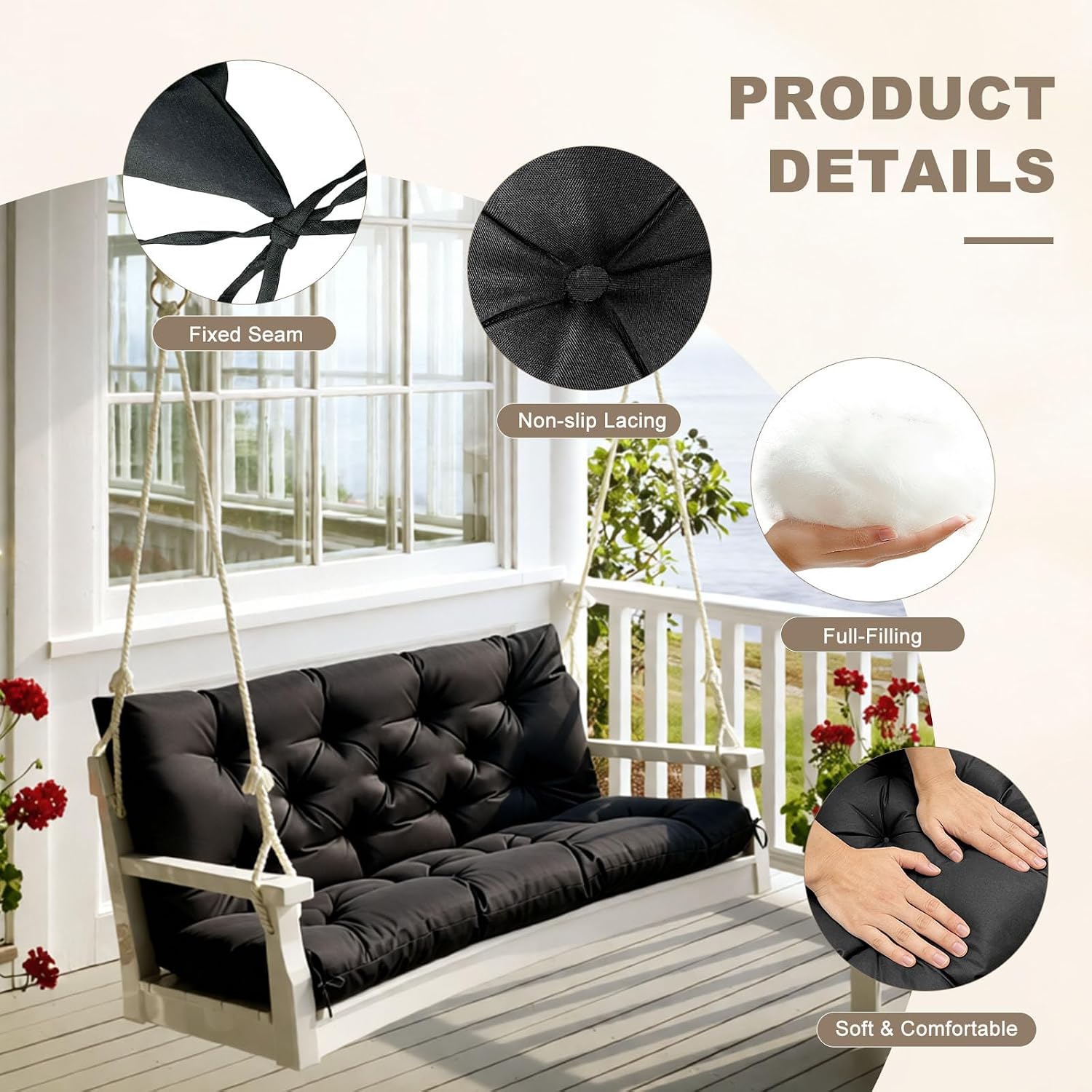 Porch Swing Cushion with Backrest,Waterproof Bench Cushion for Outdoor Furniture,2-3 Seater Replacement Thickened Swing Cushion with Ties,Patio,Outdoor,Backyard and Garden (Black,40x40)