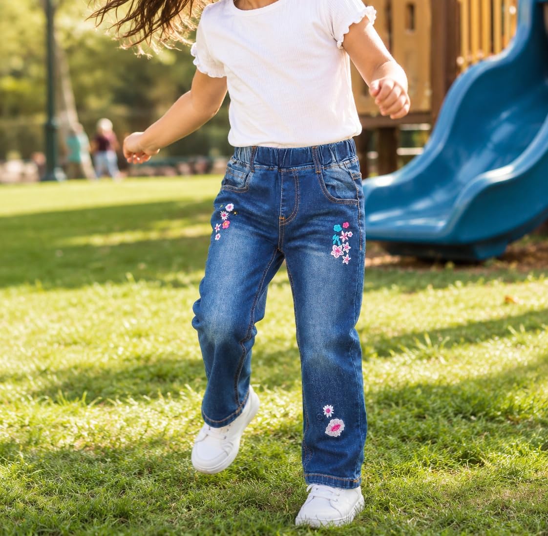 KIDSCOOL Girls Embroidered Jeans,4-15T Ribbed Elastic Waist Denim Pants