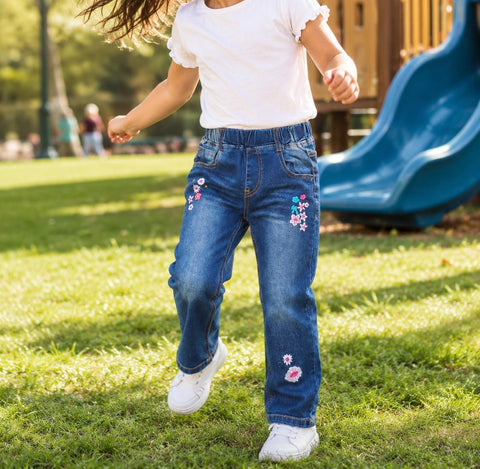 KIDSCOOL Girls Embroidered Jeans,4-15T Ribbed Elastic Waist Denim Pants