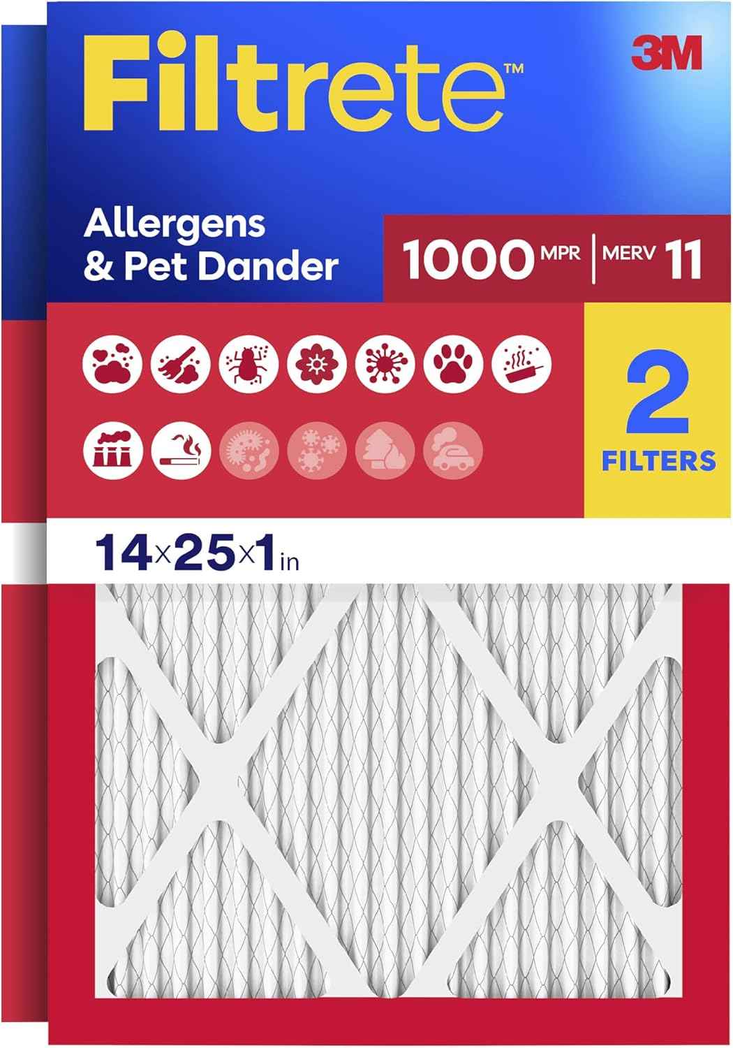 Filtrete 14x25x1 Air Filter, MERV 11, MPR 1000, Allergens & Pet Dander, 3-Month AC and Furnace Filters, Cleaner Air, Reliable Airflow, 2 HVAC Filters (Actual Size 13.68 x 24.68 x 0.81 in)