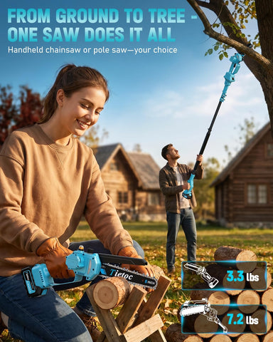 TIETOC 2-in-1 Brushless Pole Saw for Tree Trimming – 8" Mini Electric Chainsaw with 2×4000mAh Batteries, Auto Oiling, Tool-Free Adjustment,Cordless Battery Powered Saw for Home Garden Branch Cutting