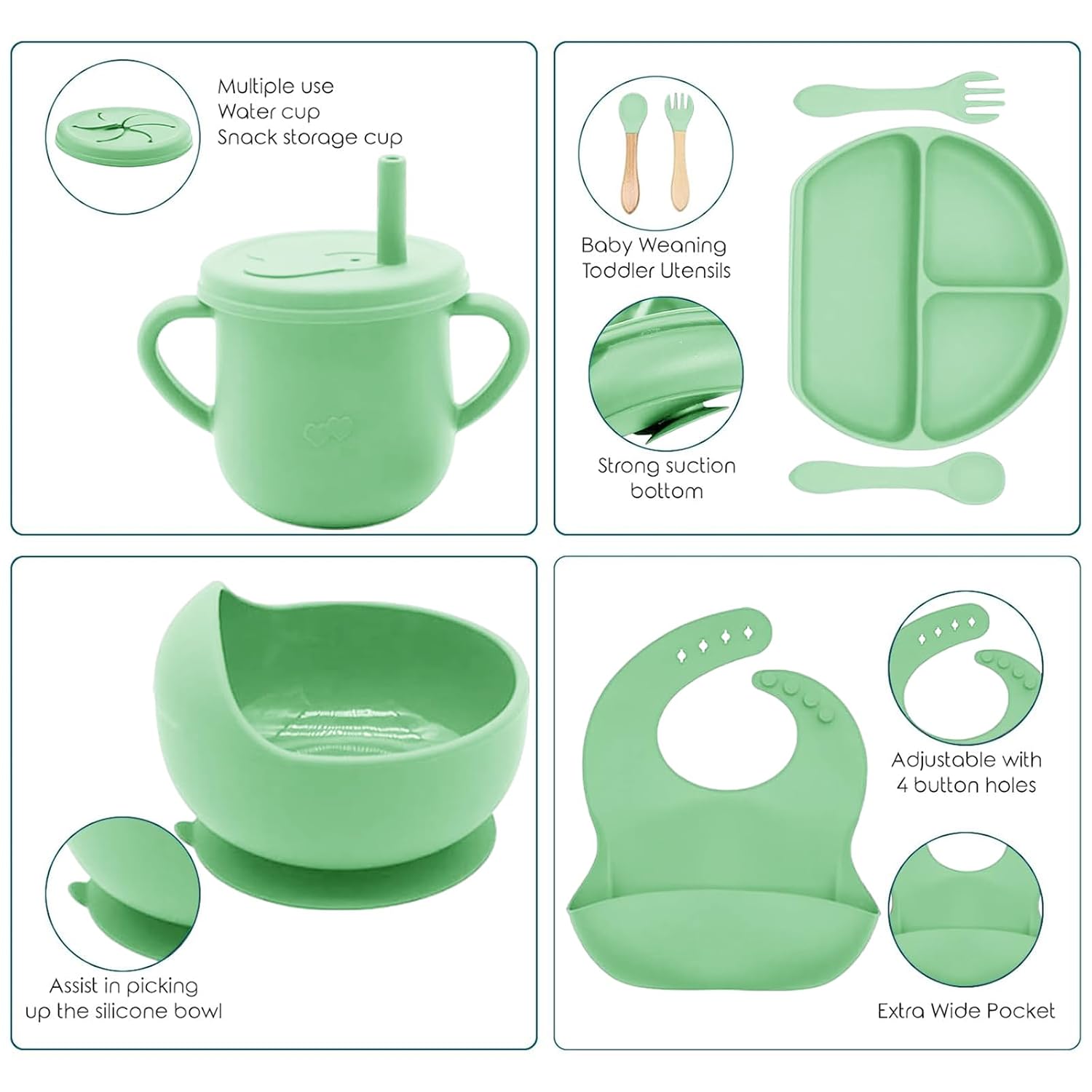 100% Silicone baby feeding set,BPA free Baby dishes set with Suction Bowl Divided Plate,Toddler Self Feeding Dish Set with Spoons Forks Sippy Cup And Bib, Baby Eating Utensils (Neon Green)