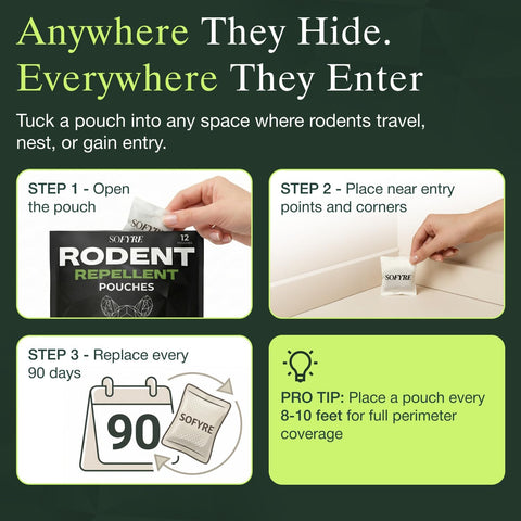SoFyre Rodent Repellent Pouches 12-Pack Mouse Repellent for Home RV Garage Car Basement, Mice Indoor & Outdoor Deterrent, Peppermint Cinnamon Cedarwood Rat Repellent, Plant-Based Natural Pest Control