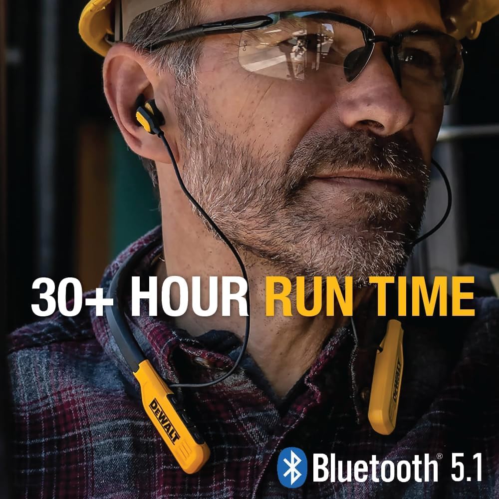 DEWALT Heavy Duty Bluetooth Neckband Headphones, Wireless Around The Neck Earbuds w/ 30H Runtime + Noise Isolation, Secure Magnetic Wireless Earbuds, Jobsite Pro Built-in Mic Bluetooth Headsets