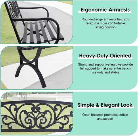 FDW | 50" Outdoor Garden Bench | Black | 485lbs Load Capacity