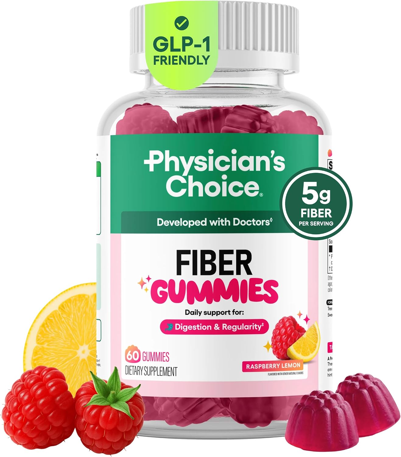 Physician's CHOICE Fiber Gummies for GLP-1 Support - No Sugar Added & Vegan - Raspberry Lemon - Natural Chicory Root Prebiotic Fiber Gummy - Digestive Health & Regularity for Women & Men - 60CT