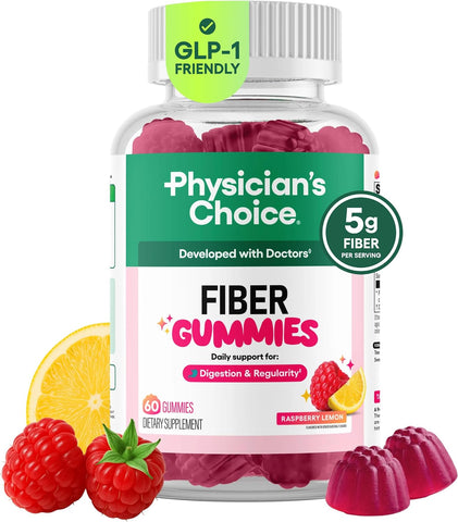 Physician's CHOICE Fiber Gummies for GLP-1 Support - No Sugar Added & Vegan - Raspberry Lemon - Natural Chicory Root Prebiotic Fiber Gummy - Digestive Health & Regularity for Women & Men - 60CT