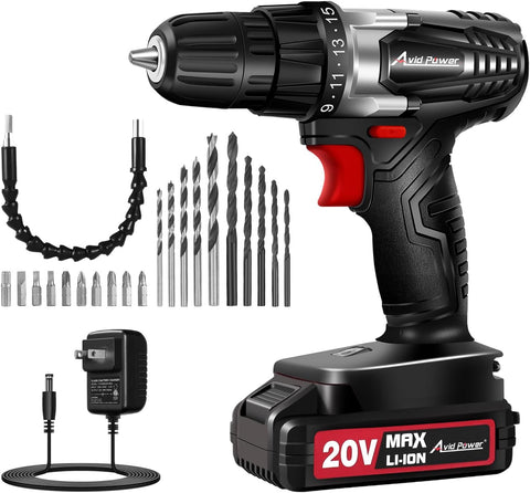 AVID POWER 20V Cordless Electric Drill Set 3/8“ Power Driver Kit for DIY
