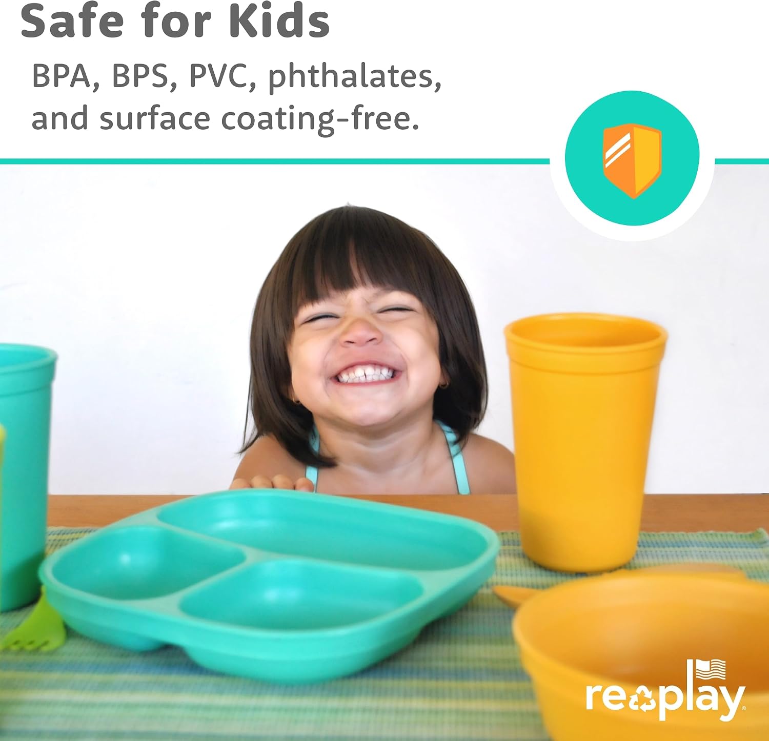 Re-Play Divided Toddler Plates Set of 3 - Deep-Walled 3 Compartment Kids Plates for Picky Eaters - Dishwasher & Microwave Safe - BPA-Free - Made in USA, A True Blue