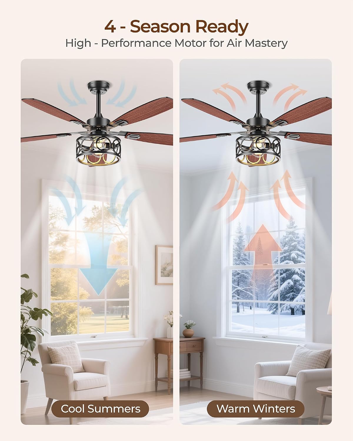 BLNAN 52 Inch Ceiling Fan with Lights and Remote, Caged Ceiling Fans Dual Finish 5 Blades, 6 Speeds + Natural Wind, Quiet <35dB, Flush Mount Ceiling Fan for Living Room, Kitchen and Porch
